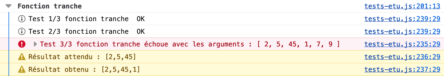 Messages de résultats des tests