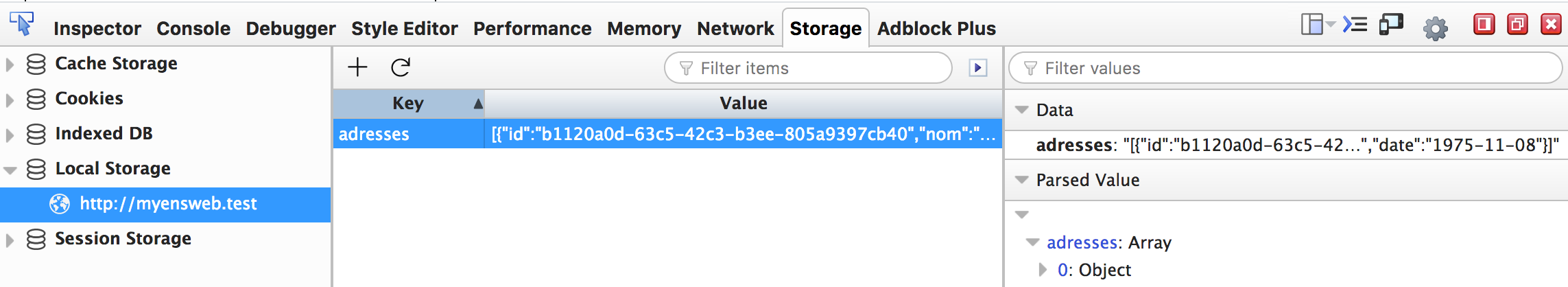 Onglet stockage des outils de développement Firefox
