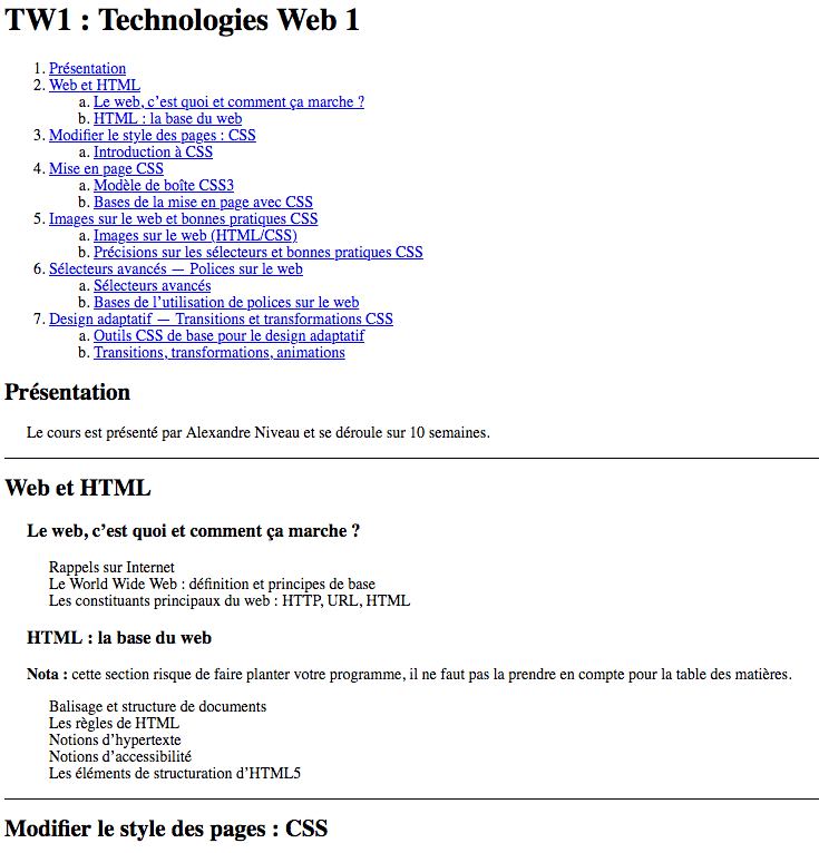 Table des matières complète